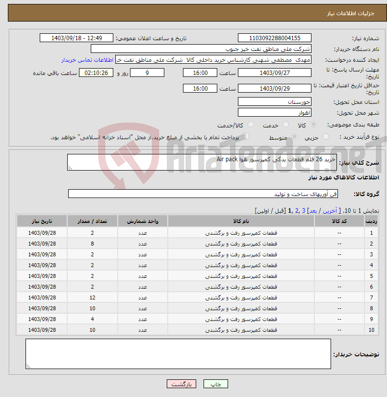 تصویر کوچک آگهی نیاز انتخاب تامین کننده-خرید 26 قلم قطعات یدکی کمپرسور هوا Air pack