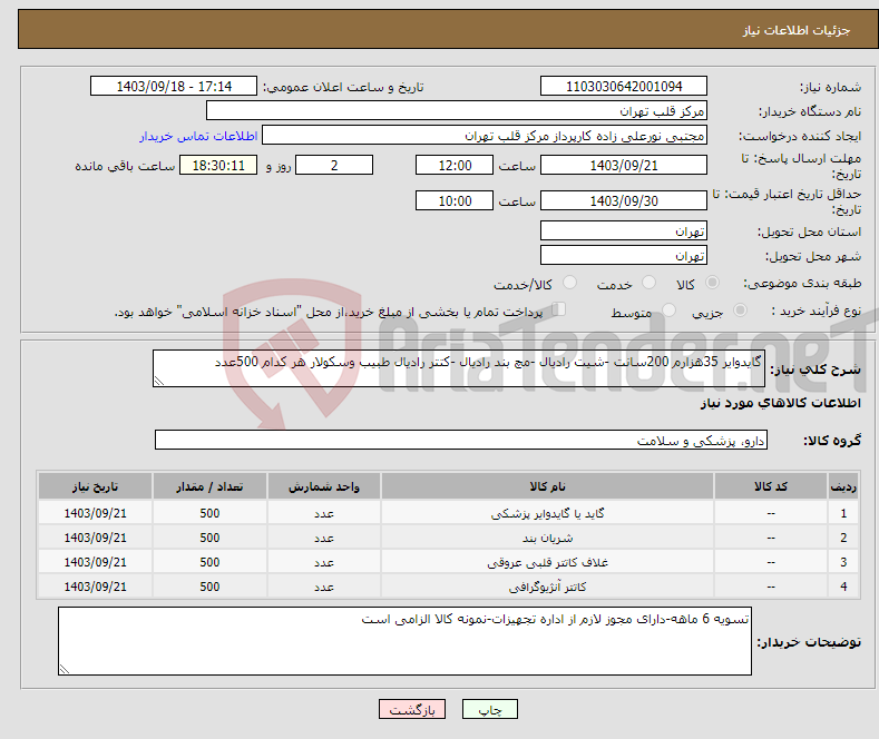 تصویر کوچک آگهی نیاز انتخاب تامین کننده-گایدوایر 35هزارم 200سانت -شیت رادیال -مچ بند رادیال -کتتر رادیال طبیب وسکولار هر کدام 500عدد 