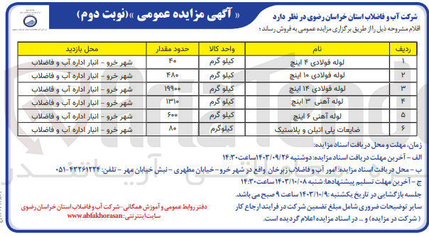 تصویر کوچک آگهی فروش اقلام :
لوله فولادی 4 اینچ ،لوله آهنی 6 اینچ ،ضایعات پلی اتیلن و پلاستیک و..