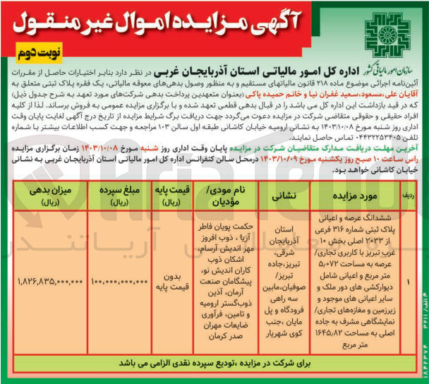 تصویر کوچک آگهی فروش ششدانگ عرصه و اعیانی پلاک ثبتی 2033 باکاربری تجاری به مساحت 5/072 مترمربع 