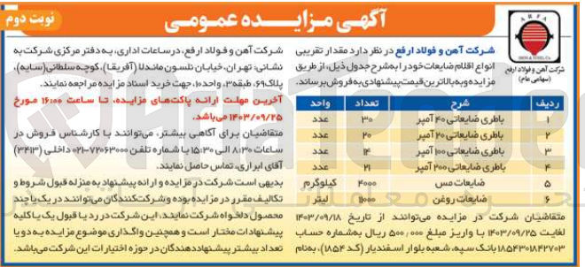 تصویر کوچک آگهی فروش مقدار تقریبی انواع اقلام ضایعاتی شامل :
ضایعات روغن ،ضایعات مس ،باطری ضایعاتی 40 آمپر ،باطری ضایعاتی 20 آمپر و..