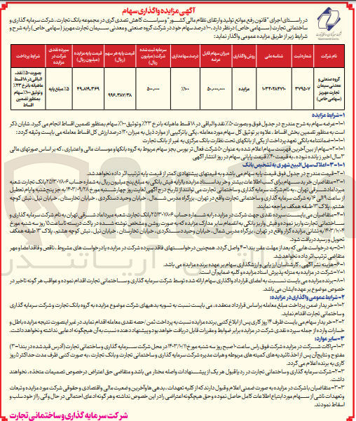 تصویر کوچک آگهی واگذاری سهام :
گروه صنعتی و معدنی سیمان تجارت مهریز میزان سهام 50.000.000 