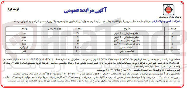 تصویر کوچک آگهی فروش مقدار تقریبی انواع اقلام ضایعاتی شامل :
ضایعات روغن ،ضایعات مس ،باطری ضایعاتی 40 آمپر ،باطری ضایعاتی 20 آمپر و..