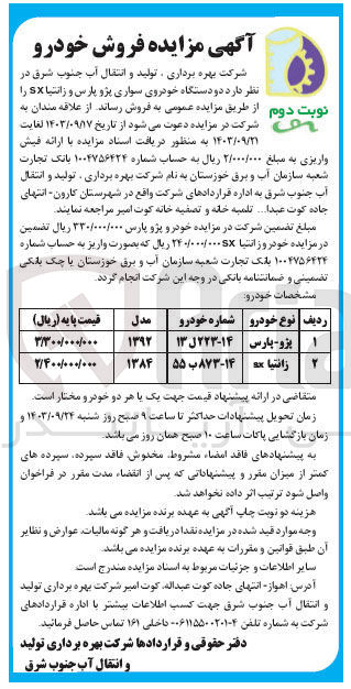 تصویر کوچک آگهی فروش دو دستگاه خودروی سواری پژو پارس و زانتیا