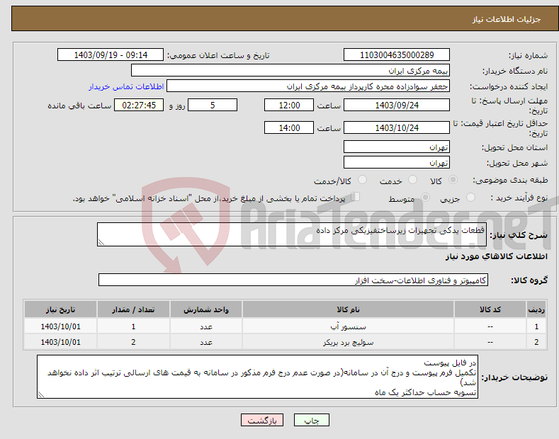 تصویر کوچک آگهی نیاز انتخاب تامین کننده-قطعات یدکی تجهیزات زیرساختفیزیکی مرکز داده 