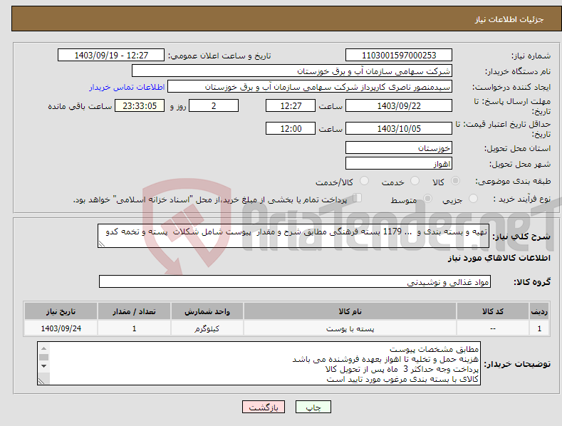 تصویر کوچک آگهی نیاز انتخاب تامین کننده-تهیه و بسته بندی و ... 1179 بسته فرهنگی مطابق شرح و مقدار پیوست شامل شکلات پسته و تخمه کدو 