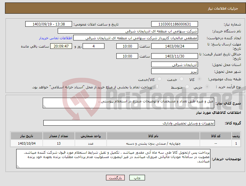 تصویر کوچک آگهی نیاز انتخاب تامین کننده-مبل و غیره طبق تعداد و مشخصات و توضیحات مندرج در استعلام پیوستی .