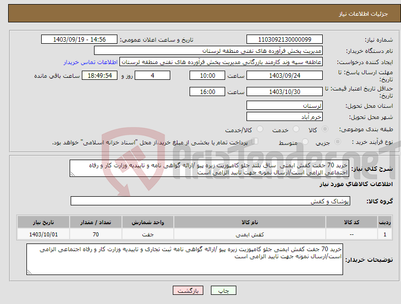 تصویر کوچک آگهی نیاز انتخاب تامین کننده-خرید 70 جفت کفش ایمنی ساق بلند جلو کامپوزیت زیره پیو /ارائه گواهی نامه و تاییدیه وزارت کار و رفاه اجتماعی الزامی است/ارسال نمونه جهت تایید الزامی است