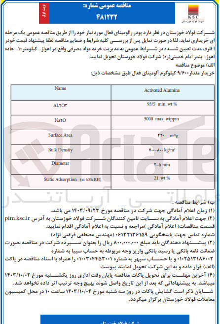 تصویر کوچک آگهی خریداری مقدار 9/600کیلوگرم  پودر رالومینای فعال 