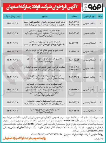 تصویر کوچک آگهی تهیه ،طبخ و توزیع غذای شرکت فولاد مبارکه (مراکز طبخ 2و3)