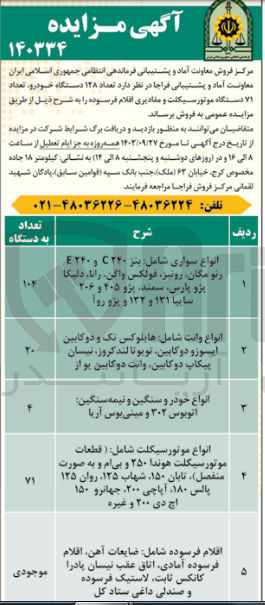 تصویر کوچک آگهی فروش  تعداد ۱۲۸ دستگاه خودرو، تعداد ۷۱ دستگاه موتورسیکلت و مقادیری اقلام فرسوده 