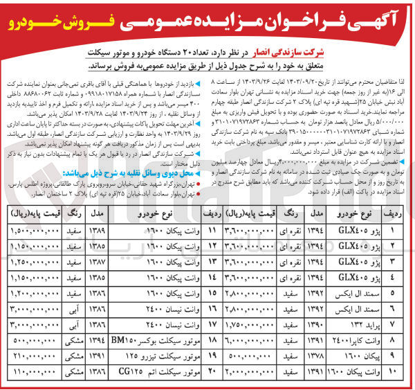 تصویر کوچک آگهی فروش تعداد ۲۰ دستگاه خودرو و موتور سیکلت