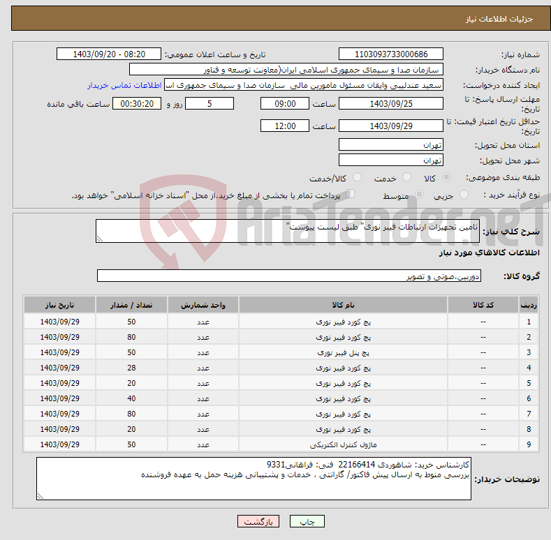 تصویر کوچک آگهی نیاز انتخاب تامین کننده-تامین تجهیزات ارتباطات فیبر نوری" طبق لیست پیوست"