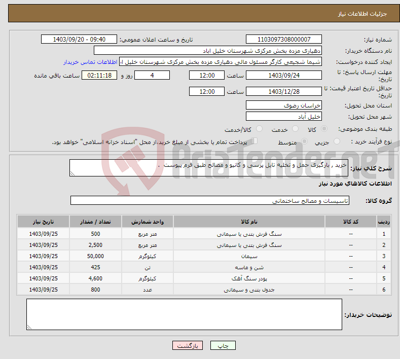 تصویر کوچک آگهی نیاز انتخاب تامین کننده-خرید , بارگیری حمل و تخلیه تایل پرسی و کانیو و مصالح طبق فرم پیوست .