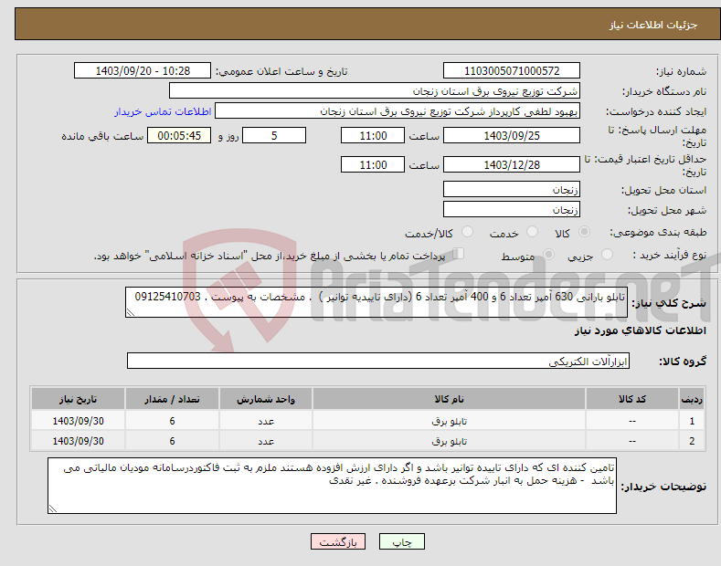 تصویر کوچک آگهی نیاز انتخاب تامین کننده-تابلو بارانی 630 آمپر تعداد 6 و 400 آمپر تعداد 6 (دارای تاییدیه توانیر ) . مشخصات به پیوست . 09125410703