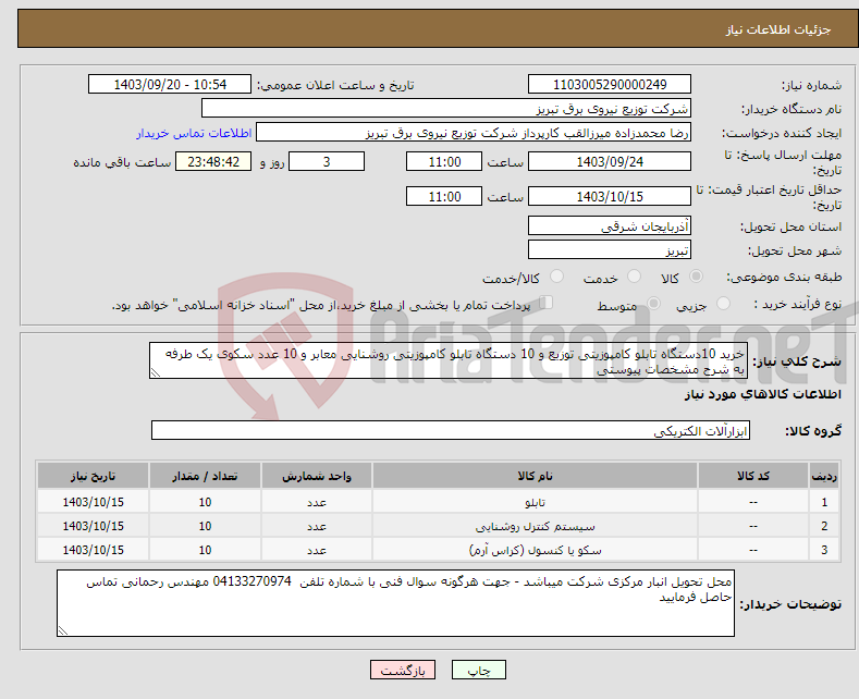 تصویر کوچک آگهی نیاز انتخاب تامین کننده-خرید 10دستگاه تابلو کامپوزیتی توزیع و 10 دستگاه تابلو کامپوزیتی روشنایی معابر و 10 عدد سکوی یک طرفه به شرح مشخصات پیوستی