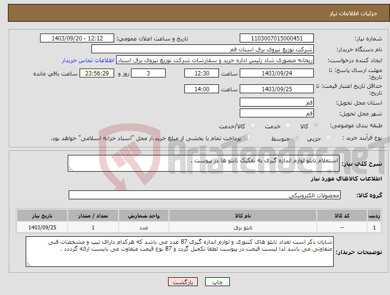 تصویر کوچک آگهی نیاز انتخاب تامین کننده-استعلام تابلو لوازم اندازه گیری به تفکیک تابلو ها در پیوست .