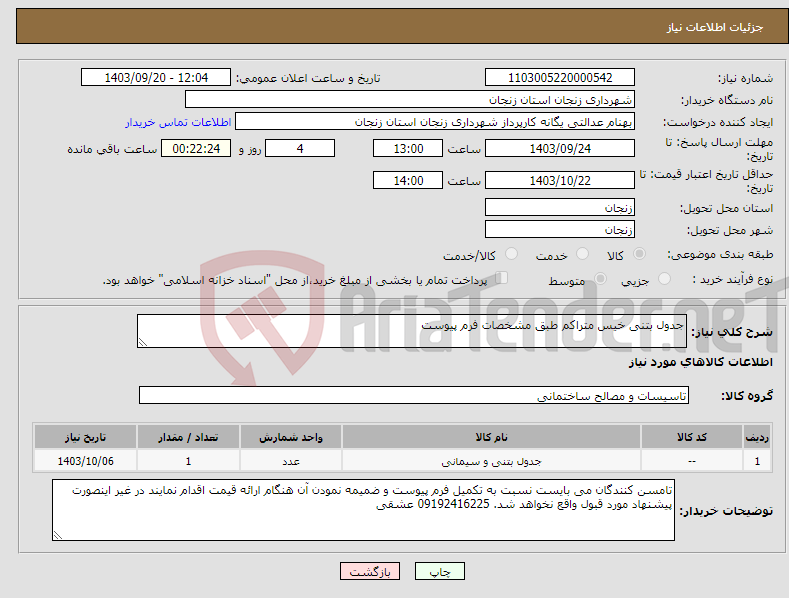 تصویر کوچک آگهی نیاز انتخاب تامین کننده-جدول بتنی خیس متراکم طبق مشخصات فرم پیوست