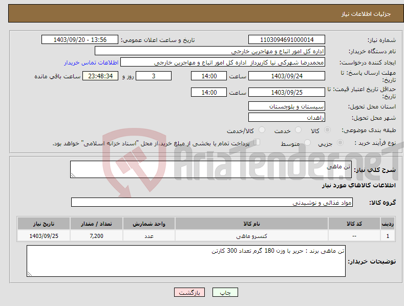 تصویر کوچک آگهی نیاز انتخاب تامین کننده-تن ماهی 