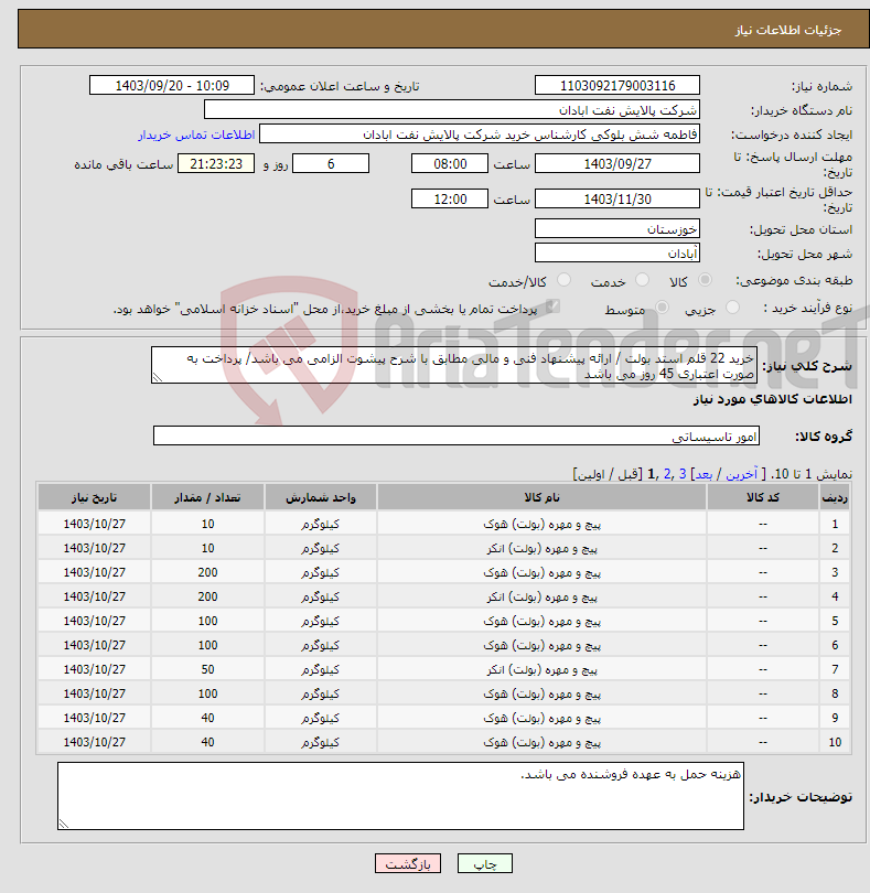 تصویر کوچک آگهی نیاز انتخاب تامین کننده-خرید 22 قلم استد بولت / ارائه پیشنهاد فنی و مالی مطابق با شرح پیشوت الزامی می باشد/ پرداخت به صورت اعتباری 45 روز می باشد