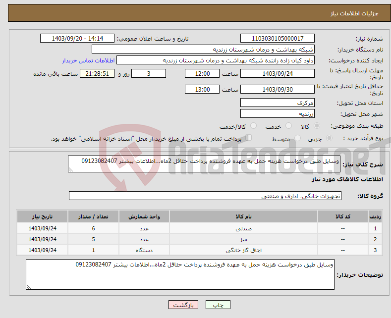 تصویر کوچک آگهی نیاز انتخاب تامین کننده-وسایل طبق درخواست هزینه حمل به عهده فروشنده پرداخت حئاقل 2ماه...اطلاعات بیشتر 09123082407