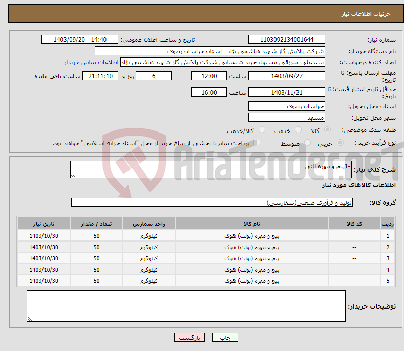 تصویر کوچک آگهی نیاز انتخاب تامین کننده--1پیچ و مهره آلنی 