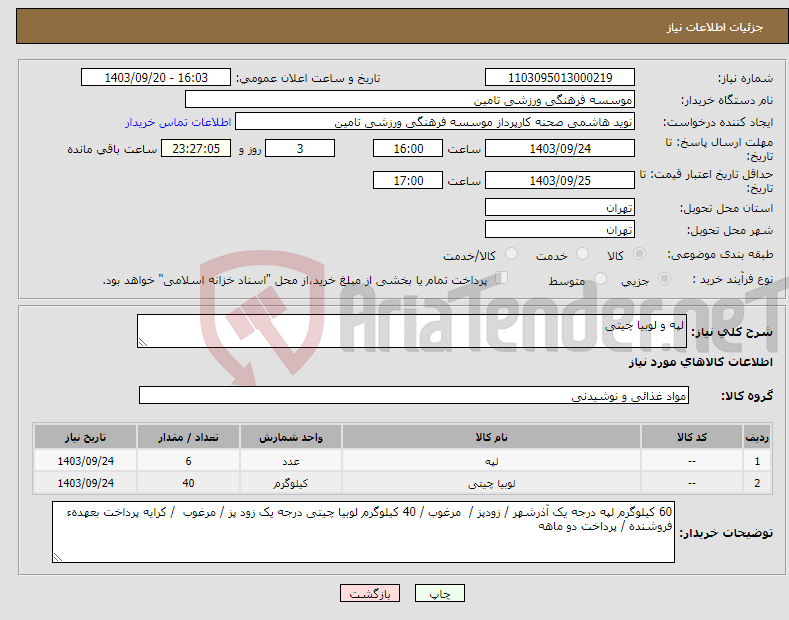 تصویر کوچک آگهی نیاز انتخاب تامین کننده-لپه و لوبیا چیتی 