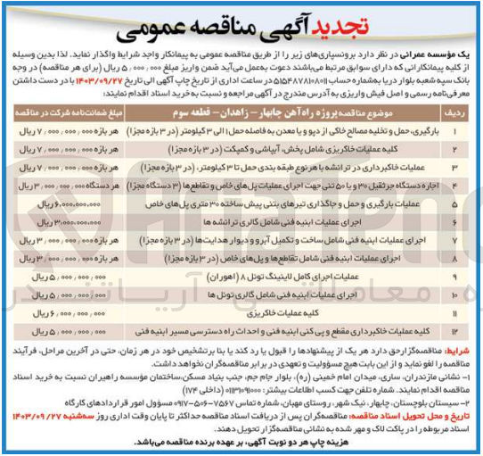 تصویر کوچک آگهی بارگیری ،حمل و تخلیه مصالح خاکی از دپو و یا معدن به فاصله حمل 1 الی 3 کیلومتر (در 3 بازه مجزا )