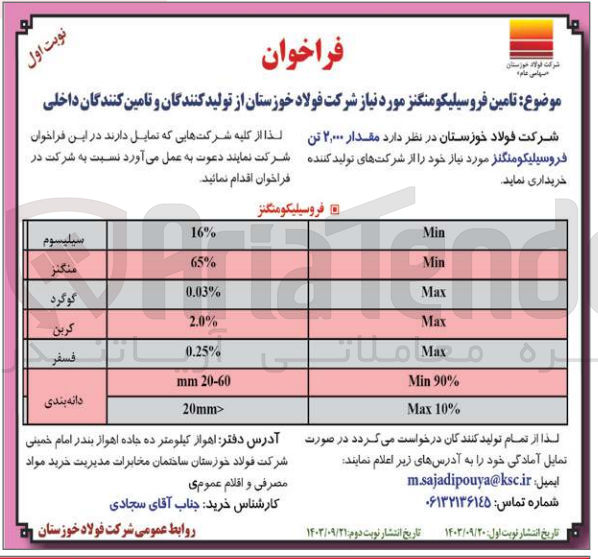 تصویر کوچک آگهی خریداری مقدار 2/000 فروسیلیکو منگنز 