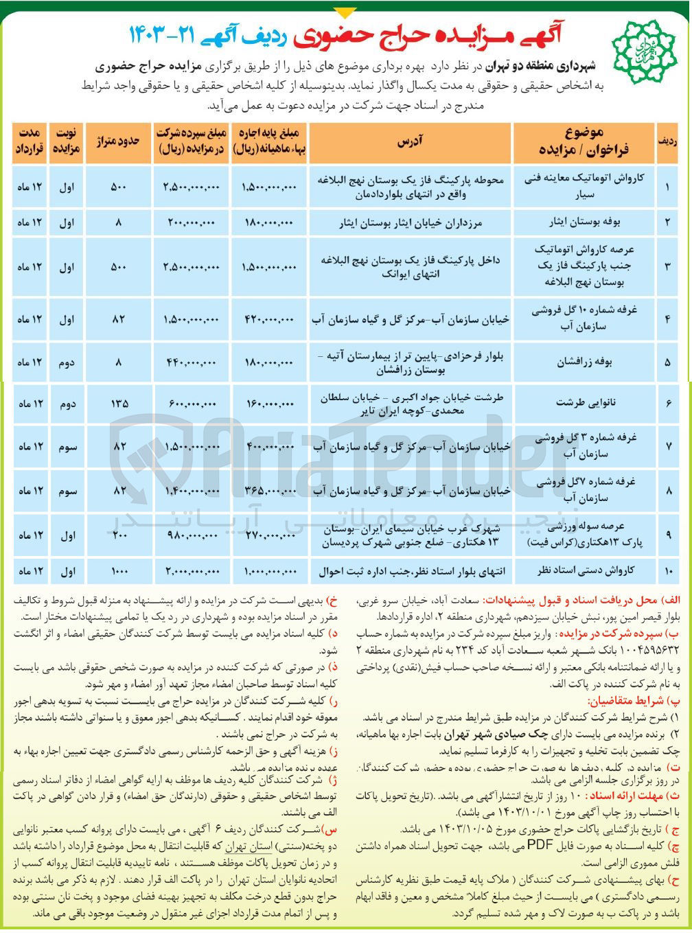 تصویر کوچک آگهی واگذاری و بهره برداری در 10ردیف شامل :غرفه شماره 7 گل فروشی ،کارواش دستی استاد نظر ،بوفه زرافشان ،بوفه بوستان ایثار ،نانوایی زرافشان و...