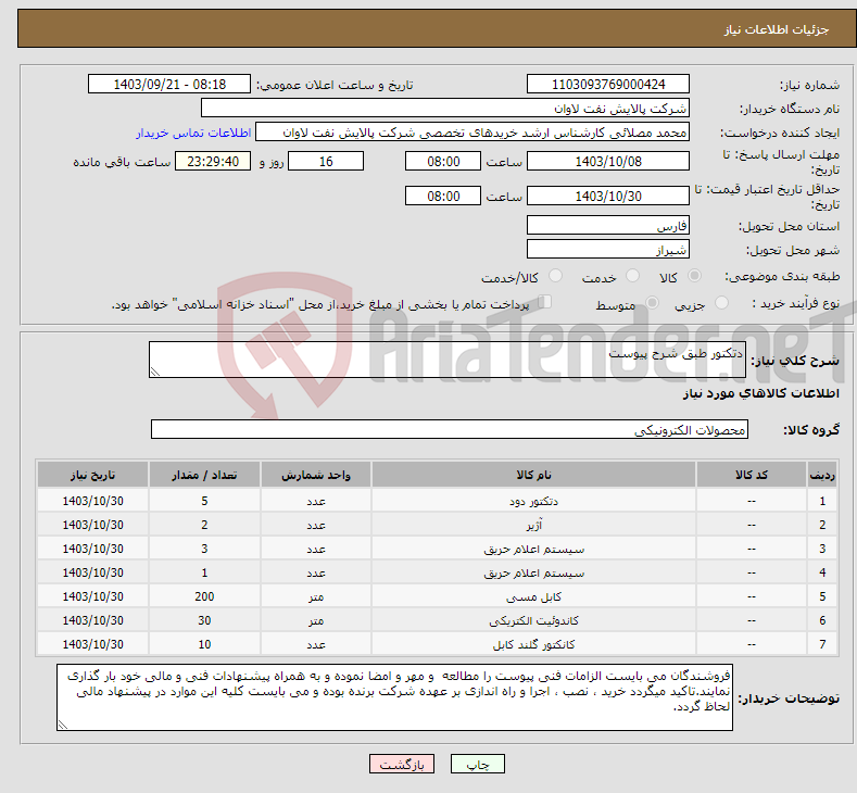 تصویر کوچک آگهی نیاز انتخاب تامین کننده-دتکتور طبق شرح پیوست