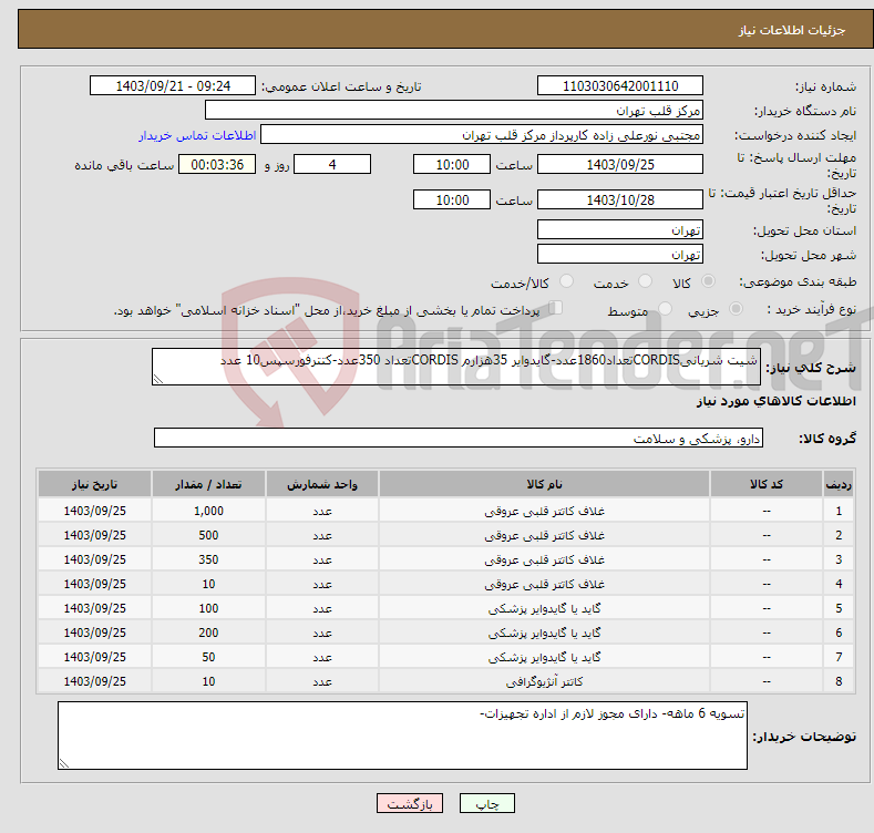 تصویر کوچک آگهی نیاز انتخاب تامین کننده-شیت شریانیCORDISتعداد1860عدد-گایدوایر 35هزارم CORDISتعداد 350عدد-کتترفورسپس10 عدد
