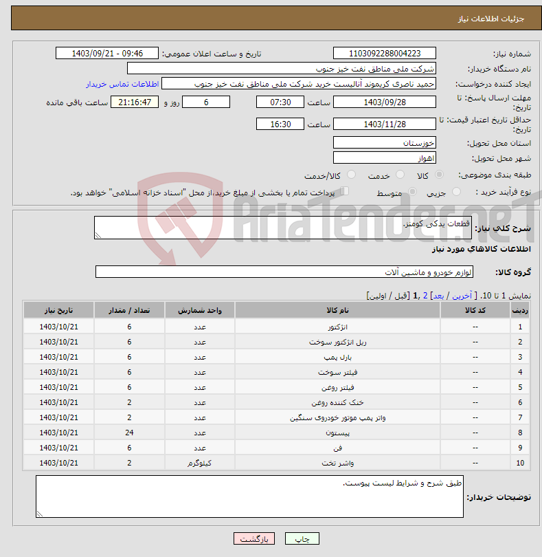 تصویر کوچک آگهی نیاز انتخاب تامین کننده-قطعات یدکی کومنز.