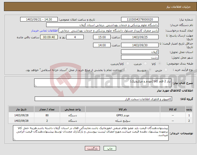 تصویر کوچک آگهی نیاز انتخاب تامین کننده-نیاز 2 قلم کالا (مودم و میکروتیک)