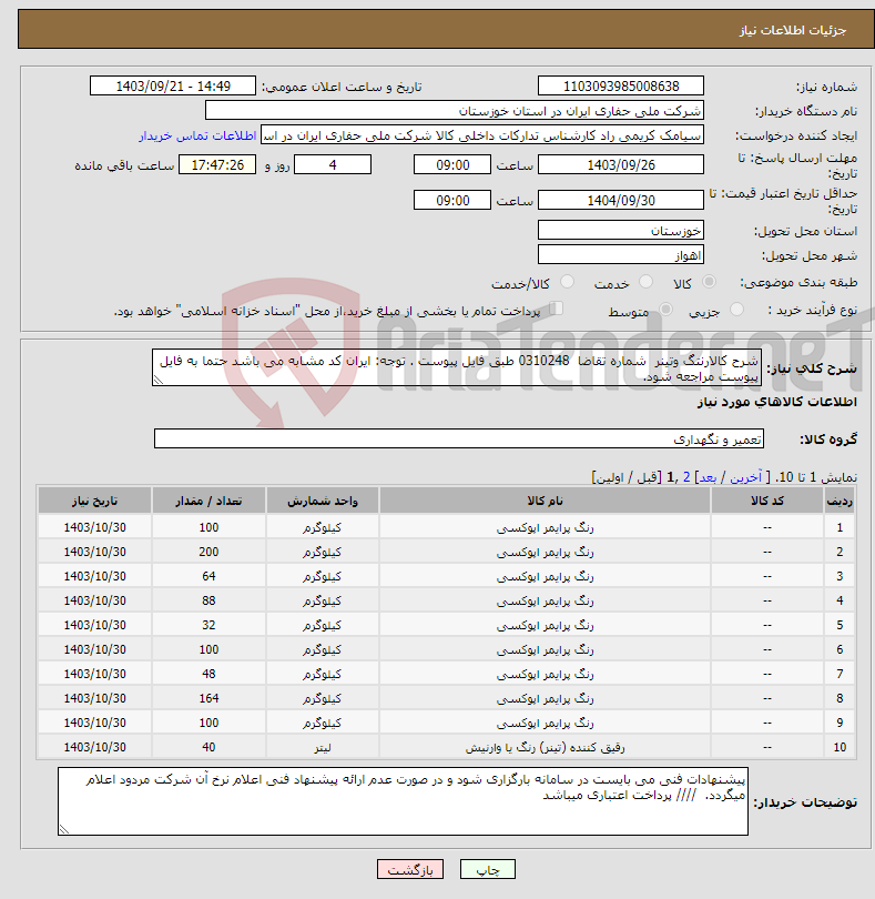 تصویر کوچک آگهی نیاز انتخاب تامین کننده-شرح کالارنتگ وتینر شماره تقاضا 0310248 طبق فایل پیوست . توجه: ایران کد مشابه می باشد حتما به فایل پیوست مراجعه شود. 