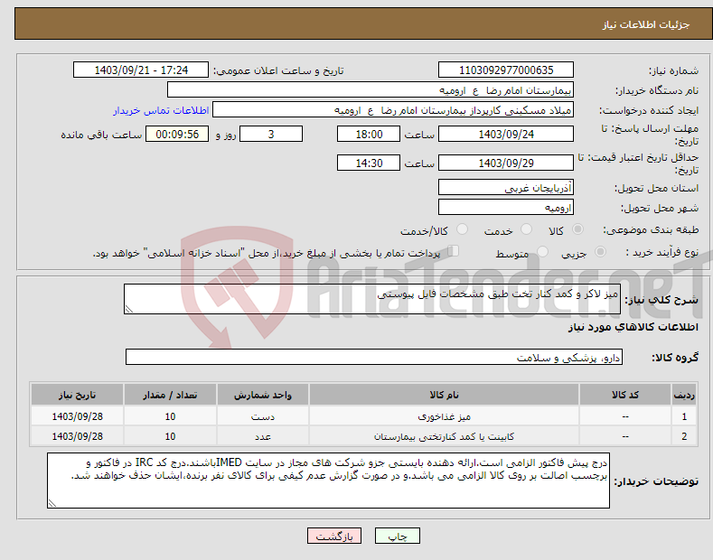 تصویر کوچک آگهی نیاز انتخاب تامین کننده-میز لاکر و کمد کنار تخت طبق مشخصات فایل پیوستی