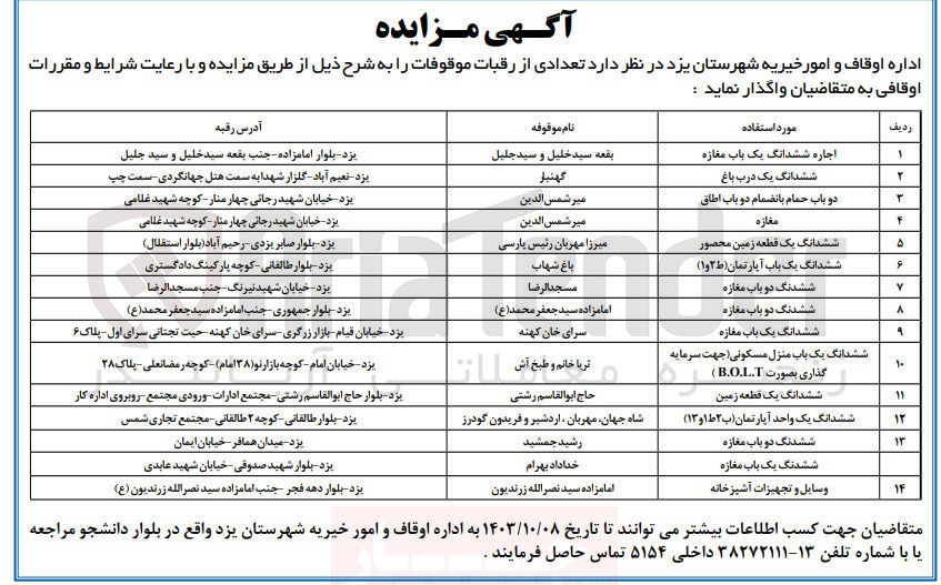 تصویر کوچک آگهی اجاره تعدادی از رقبات موقوفات در 14 ردیف :
اجاره ششدانگ یک باب مغازه 
ششدانگ یک درب باغ
دو باب حمام بانضمام دو باب اطاق 
مغازه 
ششدانگ یک قطعه زمین محصور 
ششدانگ یک باب آپارتمان (ط۲و۱)
ششدانگ دو باب مغازه
ششدانگ دو باب مغازه
ششدانگ یک باب مغازه
ششدانگ یک باب منزل مسکونی جهت سرمایه گذاری به صورت (B.O.L.T)
ششدانگ یک قطعه زمین
ششدانگ یک واحد آپارتمان (ب2 ط1 و 13) 
ششدانگ دو باب مغازه
ششدانگ یک باب مغازه
وسایل و تجهیزات آشپزخانه