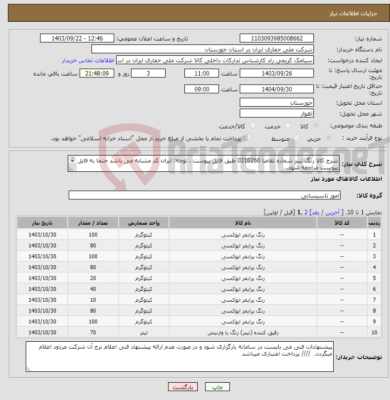 تصویر کوچک آگهی نیاز انتخاب تامین کننده-شرح کالا رنگ تینر شماره تقاضا 0310260 طبق فایل پیوست . توجه: ایران کد مشابه می باشد حتما به فایل پیوست مراجعه شود. 