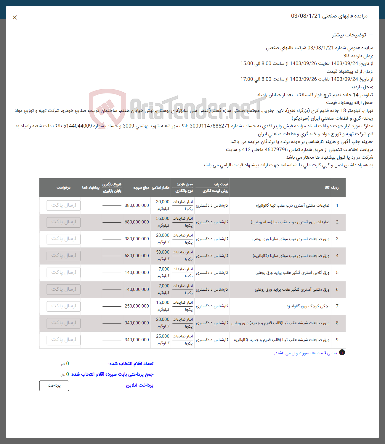 تصویر کوچک آگهی فروش اقلام شامل:ضایعات مثلثی آستری درب غقب ایبا -ضایعلت ورق-ورق گلابی - لچکی -ورق ضایعات و ....