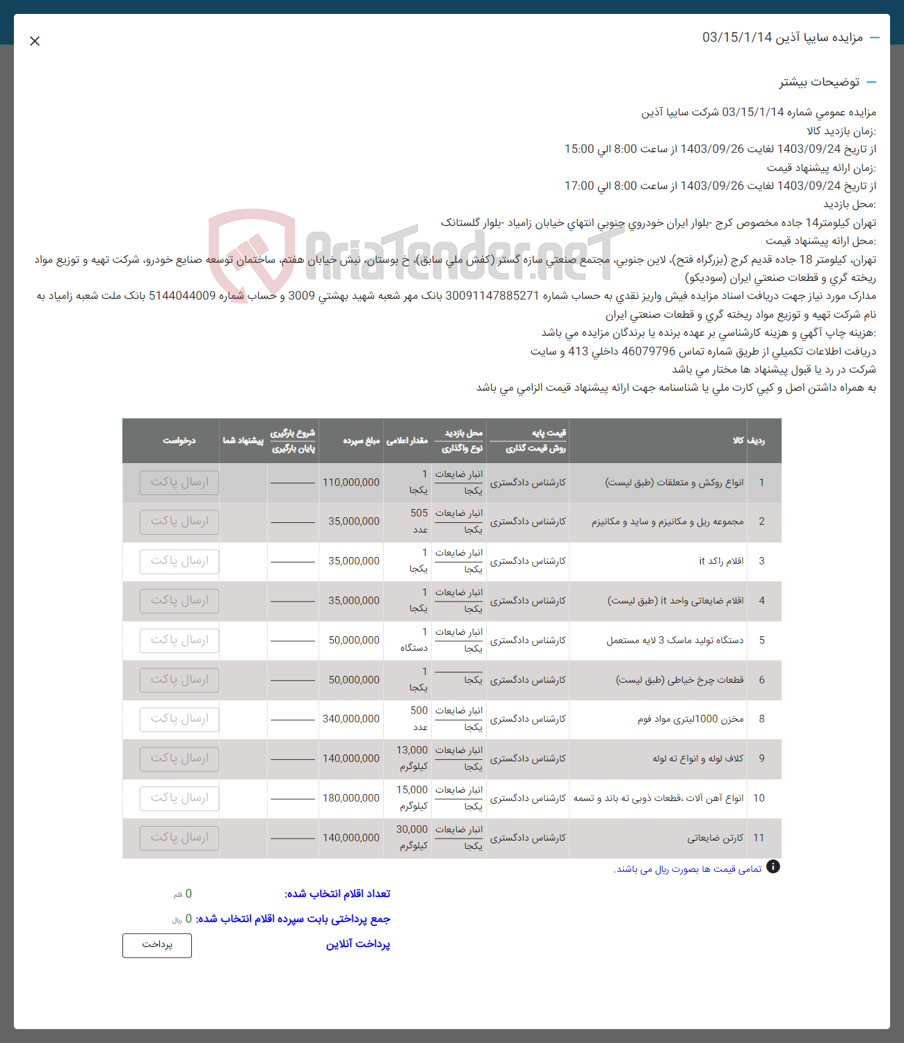 تصویر کوچک آگهی فروش اقلام شامل: انواه روکش و متعلغات -مجموعه ریل و مکانیزم -اقلام راکد it- اقلام ضایعلتی it -دستگاه تولید ماسک -قطعات چرخ خیاطی -مخزن-کلاف لوله- انواع آهن آلات -کارتن ضایعاتی 