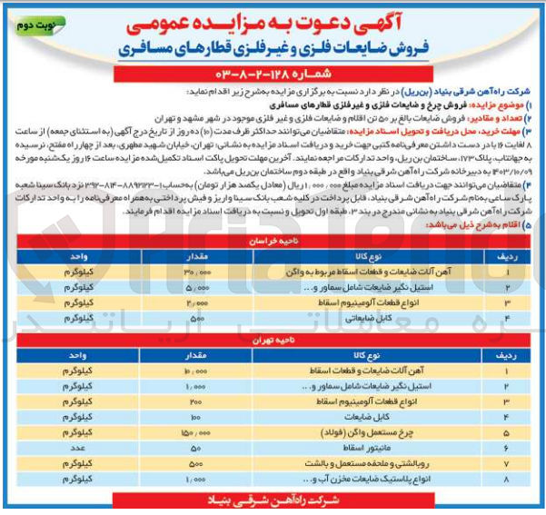 تصویر کوچک آگهی فروش چرخ و ضایعات فلزی و غیر فلزی قطار های مسافری شامل :
انوع قطعات آلومینیوم اسقاط ،کابل ضایعاتی ،چرخ مستعمل واگن ،آهن آلات و قطعات اسقاط ،استیل نگیر ضایعات شامل سماور و...