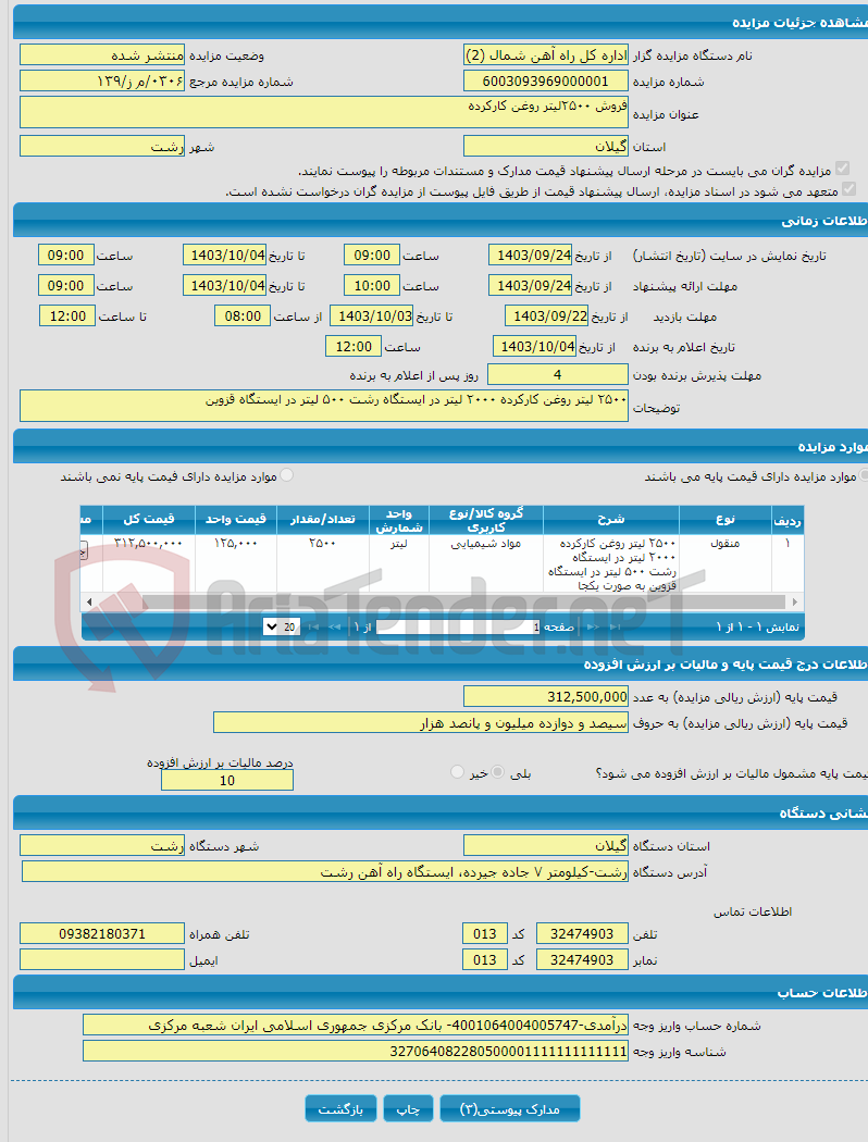تصویر کوچک آگهی فروش ۲۵۰۰لیتر روغن کارکرده