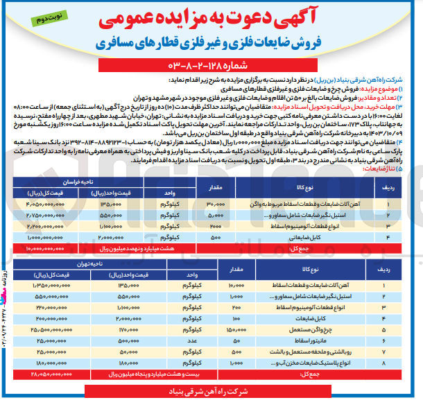 تصویر کوچک آگهی فروش چرخ و ضایعات فلزی و غیر فلزی قطار های مسافری شامل :
انوع قطعات آلومینیوم اسقاط ،کابل ضایعاتی ،چرخ مستعمل واگن ،آهن آلات و قطعات اسقاط ،استیل نگیر ضایعات شامل سماور و...