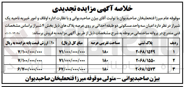 تصویر کوچک آگهی فروش اعیان سه واحد مسکونی دو طبقه احداثی بر روی عرصه پلاک های زیر بخش ۴ شیراز :
2068/1549
2068/1550
2068/1573