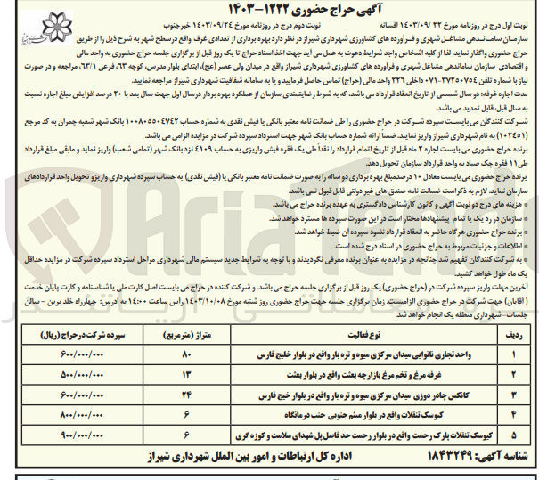 تصویر کوچک آگهی بهره برداری از تعدادی غرف واقع در سطح شهر در 5 ردیف 
واحد تجاری نانوایی میدان مرکزی میوه و تره بار واقع در بلوار خلیج فارس 
غرفه مرغ و تخم مرغ بازارچه بعثت واقع در بلوار بعثت 
کانکس چادر دوزی میدان مرکزی میوه و تره بار واقع در بلوار خلیج فارس 
کیوسک تنقلات واقع در بلوار میثم جنوبی جنب درمانگاه
کیوسک تنقلات پارک رحمت واقع در بلوار رحمت حد فاصل پل شهدای سلامت و کوزه گری 