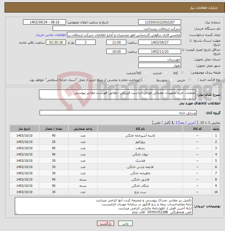 تصویر کوچک آگهی نیاز انتخاب تامین کننده-عملیات خرید تجهیزات مصرفی عوامل حراست فیزیکی- مطابق فهرست مقادیر پیوستی