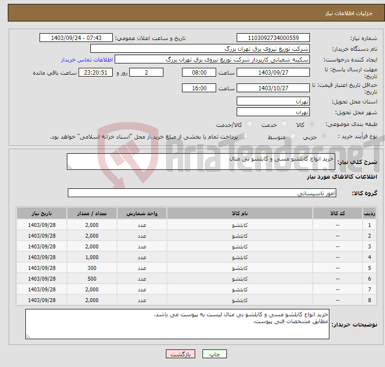 تصویر کوچک آگهی نیاز انتخاب تامین کننده-خرید انواع کابلشو مسی و کابلشو بی متال