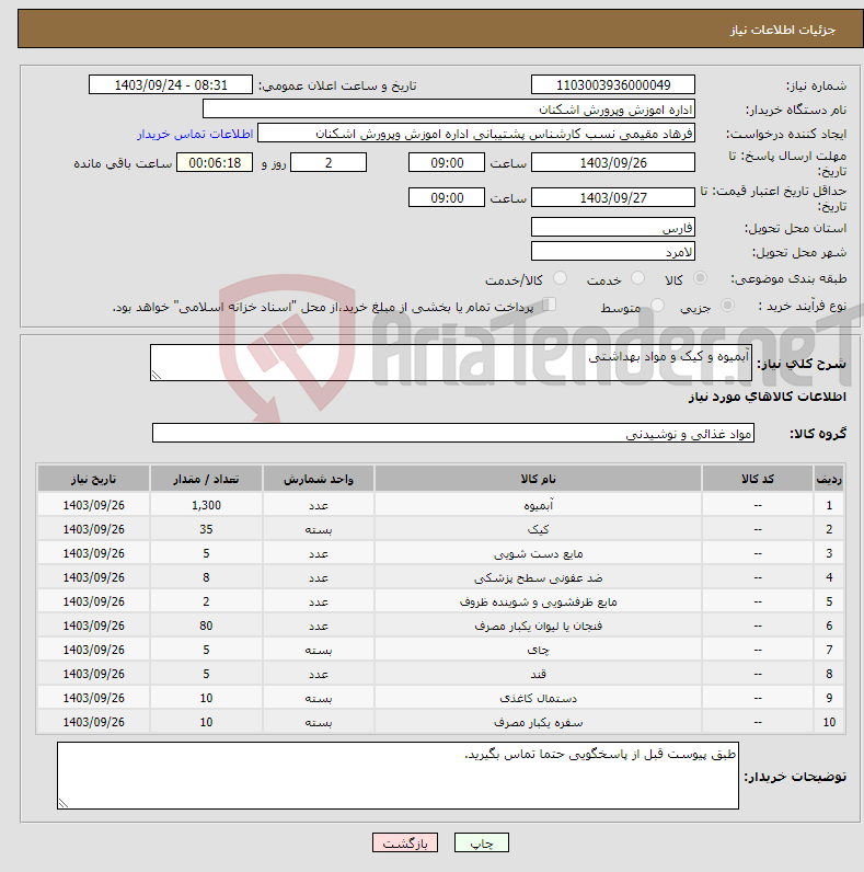 تصویر کوچک آگهی نیاز انتخاب تامین کننده-آبمیوه و کیک و مواد بهداشتی