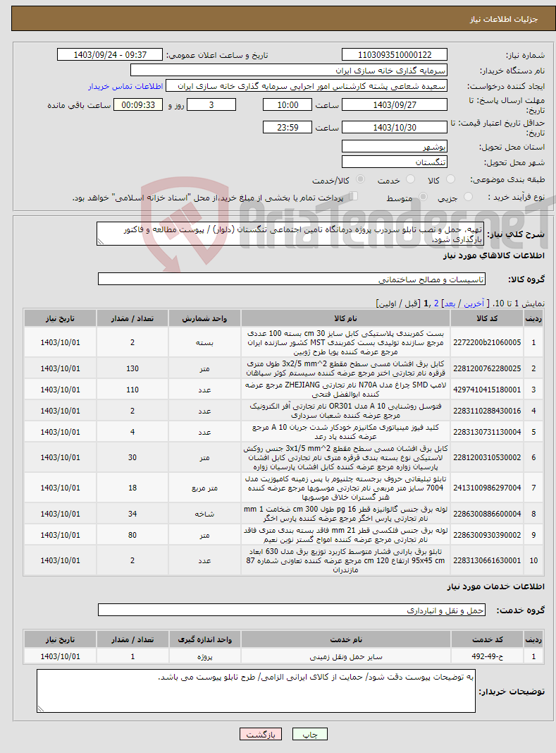 تصویر کوچک آگهی نیاز انتخاب تامین کننده-تهیه، حمل و نصب تابلو سردرب پروژه درمانگاه تامین اجتماعی تنگستان (دلوار) / پیوست مطالعه و فاکتور بارگذاری شود. 