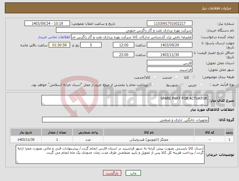 تصویر کوچک آگهی نیاز انتخاب تامین کننده-SPARE PART FOR ACTUATOR